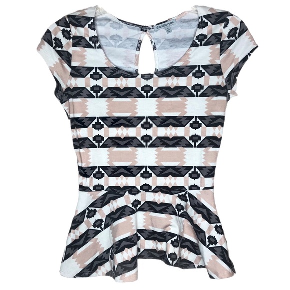 Charlotte Russe Flared Southwestern Aztec Blouse Pink Black Top Size Small - Picture 5 of 7